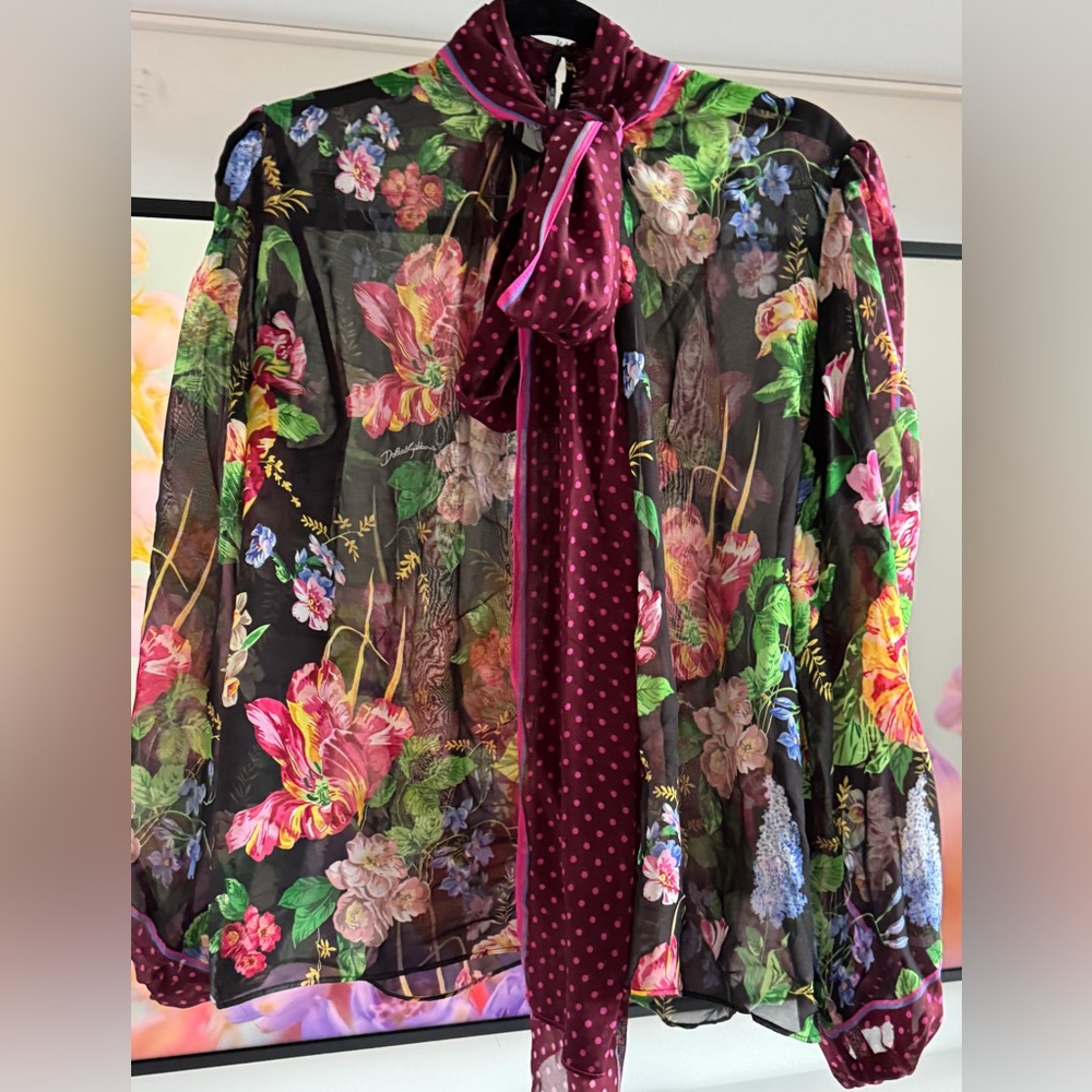 Floral Sheer Blouse with Polka Dot Long Tie